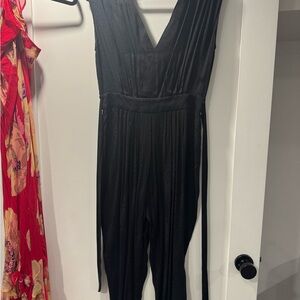 LINI Black Wide Leg Jumpsuit V Neck Sleeveless Tie Waist Elegant Minimalist